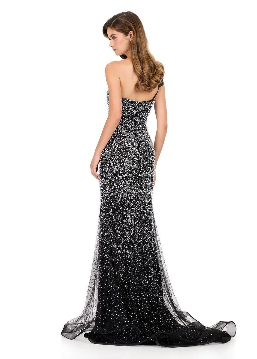 Vestido de Noche de Fiesta Largo con Escote Cuadrado, Tul, Cuentas, Lazo y Abertura - Sirena Glamurosa