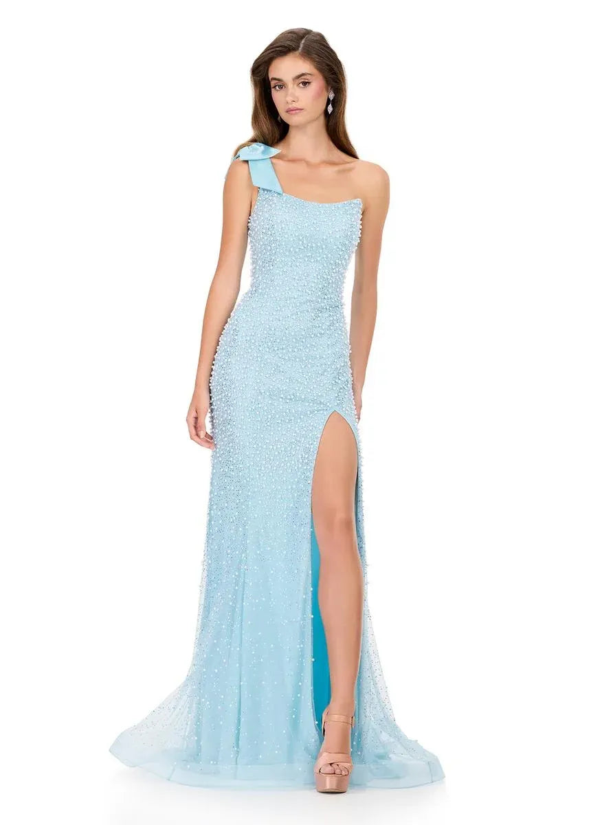 Vestido de Noche de Fiesta Largo con Escote Cuadrado, Tul, Cuentas, Lazo y Abertura - Sirena Glamurosa
