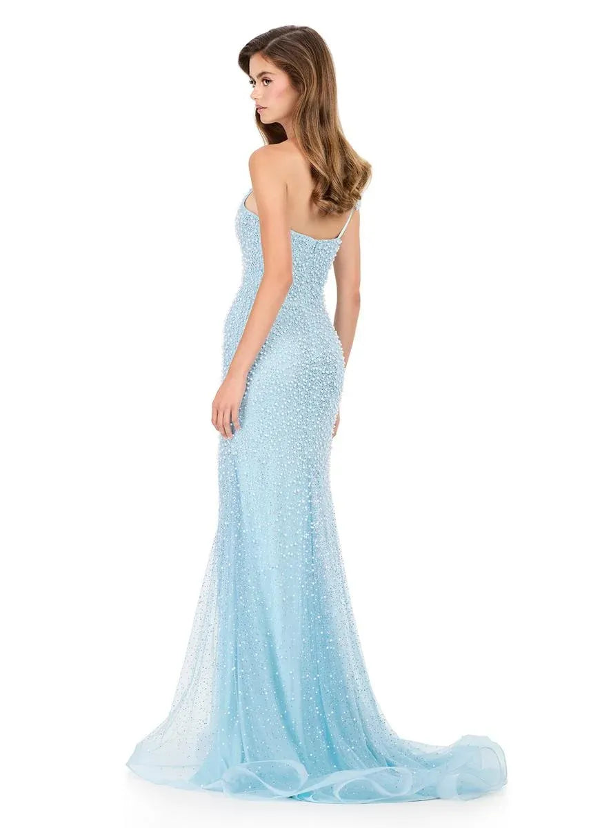 Vestido de Noche de Fiesta Largo con Escote Cuadrado, Tul, Cuentas, Lazo y Abertura - Sirena Glamurosa
