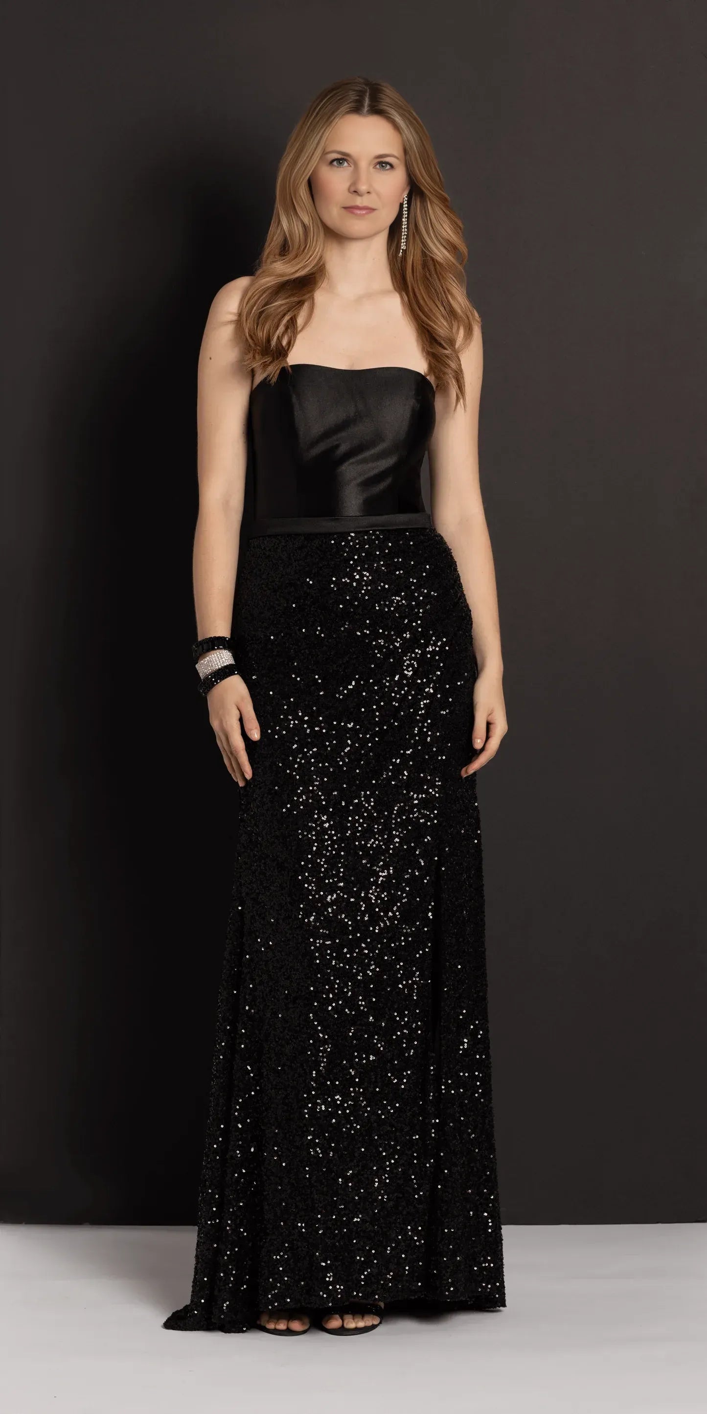 Mermaid StraightBandeau Strapless SatinSequin Floor SideSlit ZipBack Formal Evening Dress