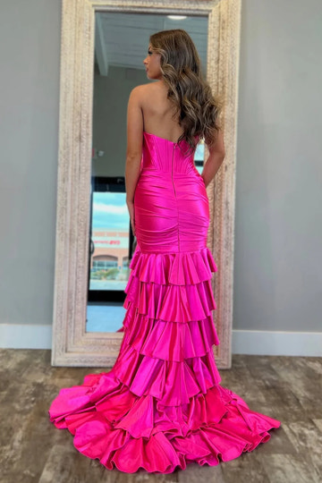 Charming Corset Ruched Tiered Mermaid Satin Prom Dress with Slit