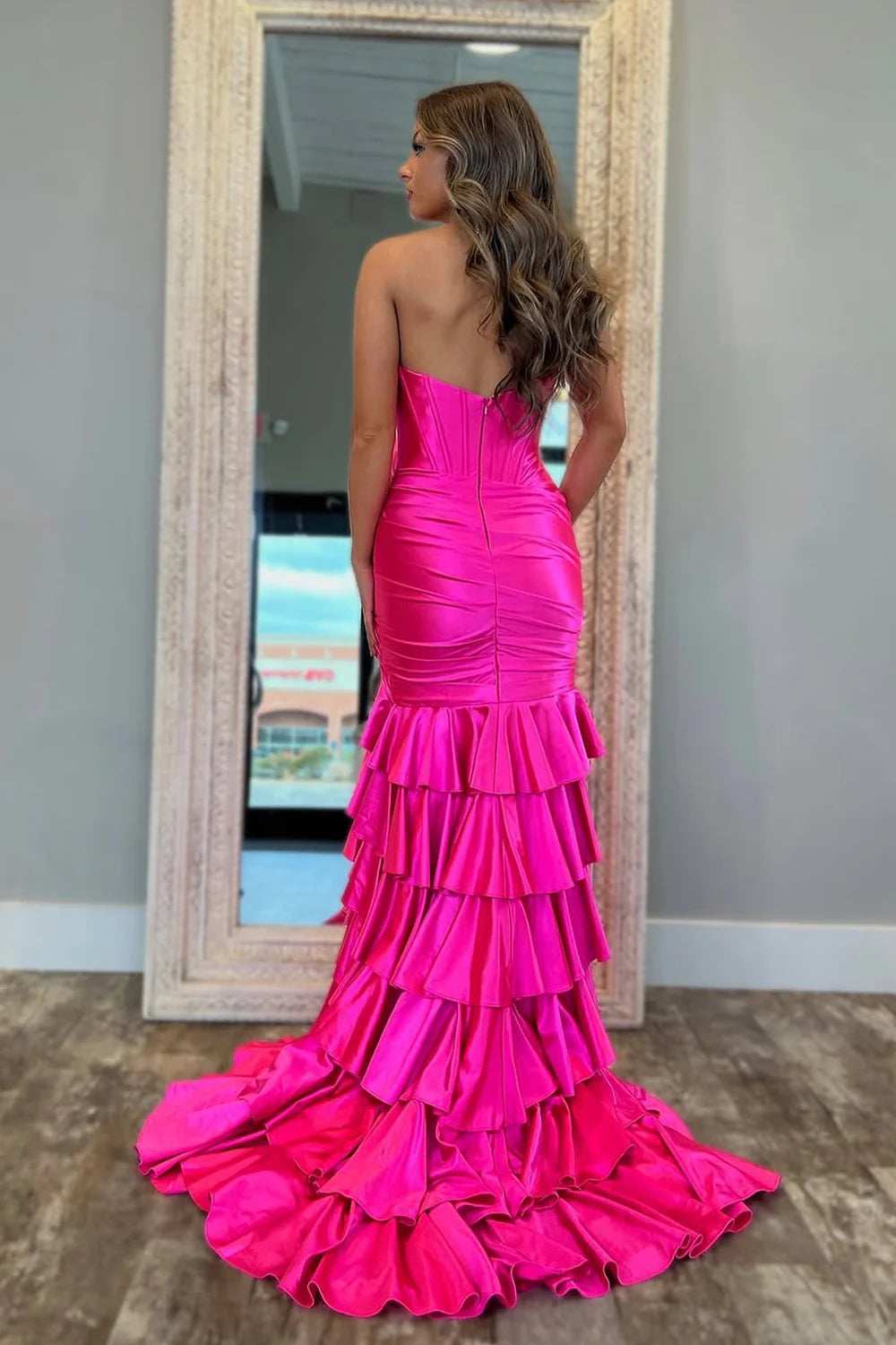 Charming Corset Ruched Tiered Mermaid Satin Prom Dress with Slit