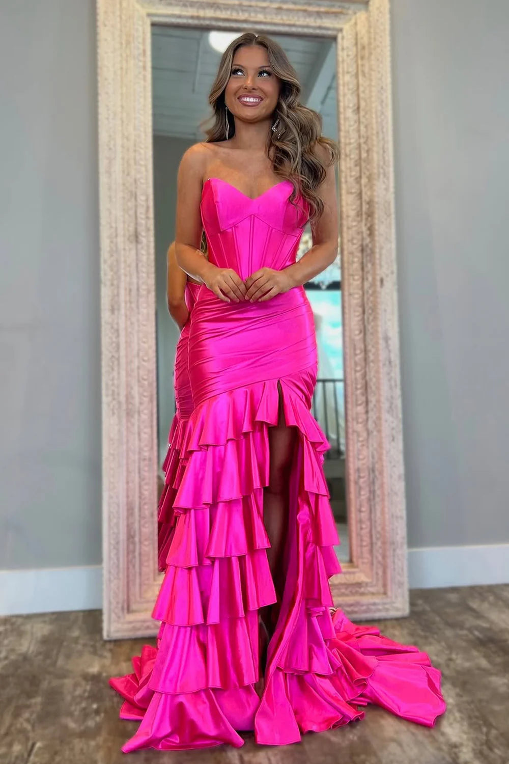 Charming Corset Ruched Tiered Mermaid Satin Prom Dress with Slit