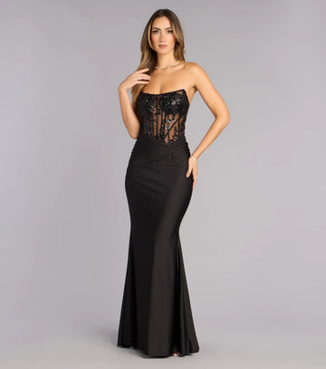 Glamorous Satin Mermaid Strapless Lace Corset Ruched Formal Evening Dress