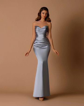 Elegante Vestido de Dama de Honor de Satén Tipo Sirena sin Tirantes Fruncido