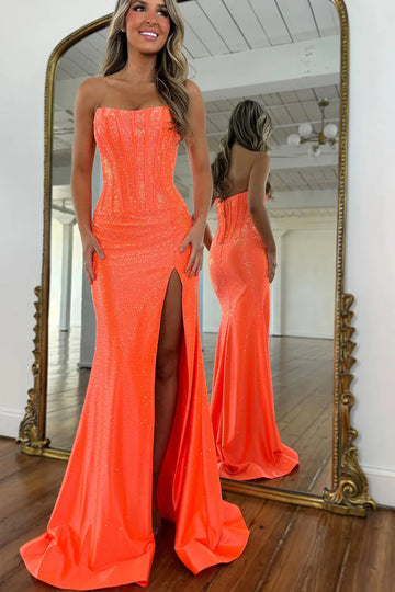 Mermaid Strapless Corset Bodice Sequin-Embellished High Slit Formal Evening Gown