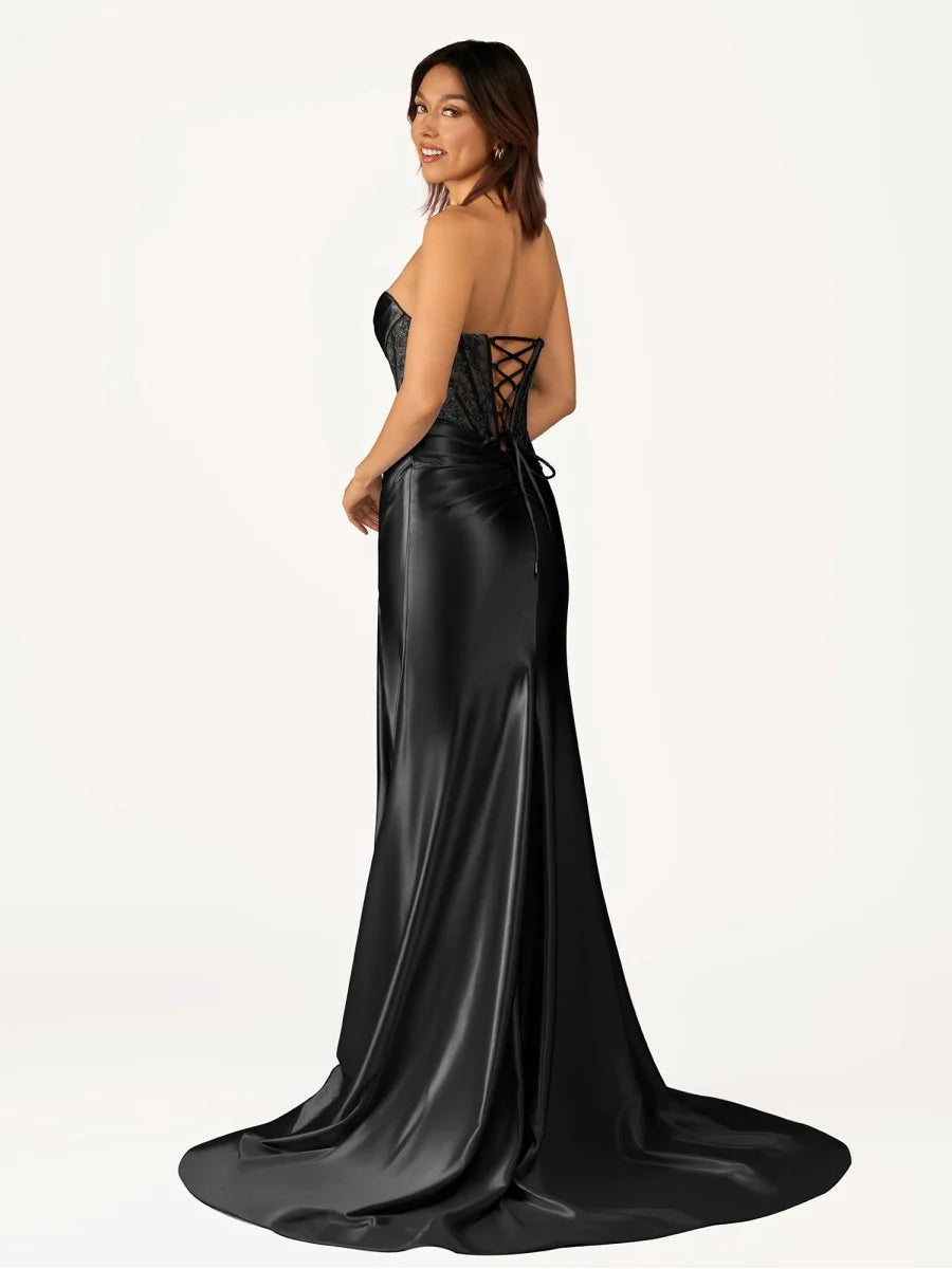Mermaid Strapless Sleeveless Beaded Satin Long Slit Prom Dress