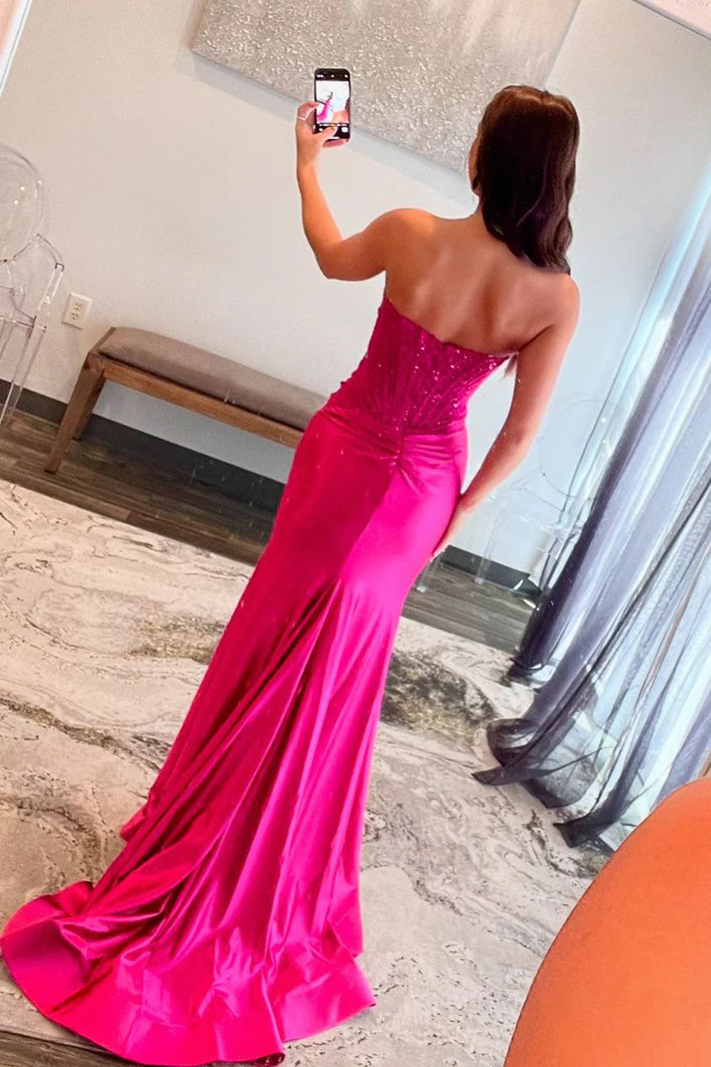 Mermaid Strapless Sleeveless Beaded Satin Long Slit Prom Dress