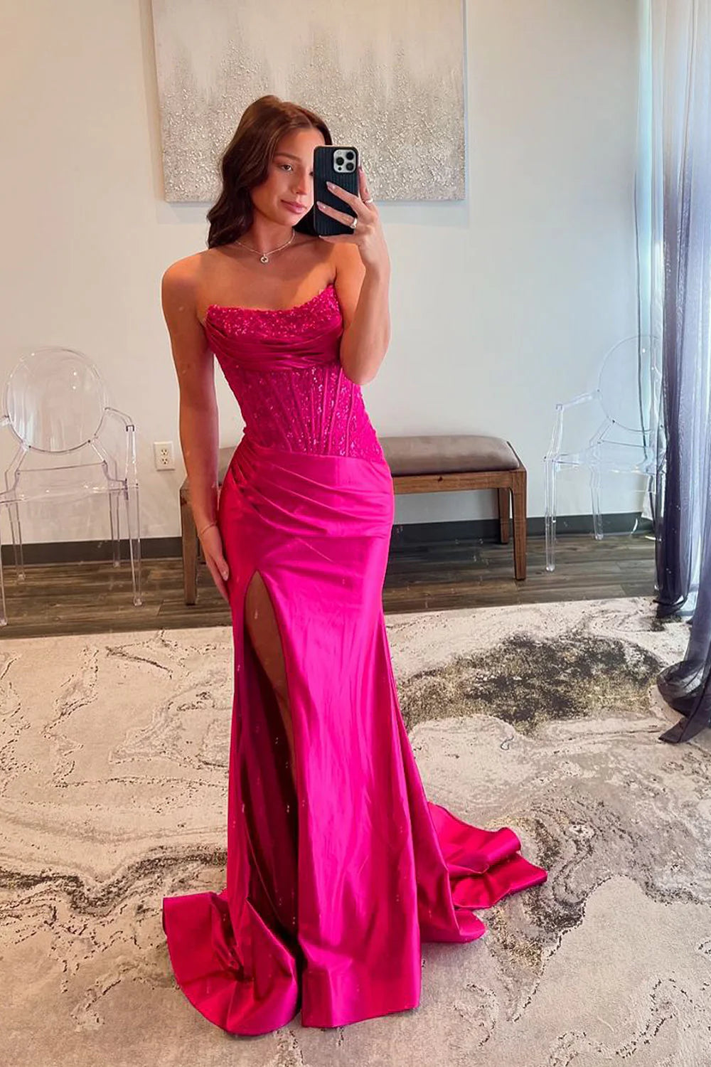 Mermaid Strapless Sleeveless Beaded Satin Long Slit Prom Dress