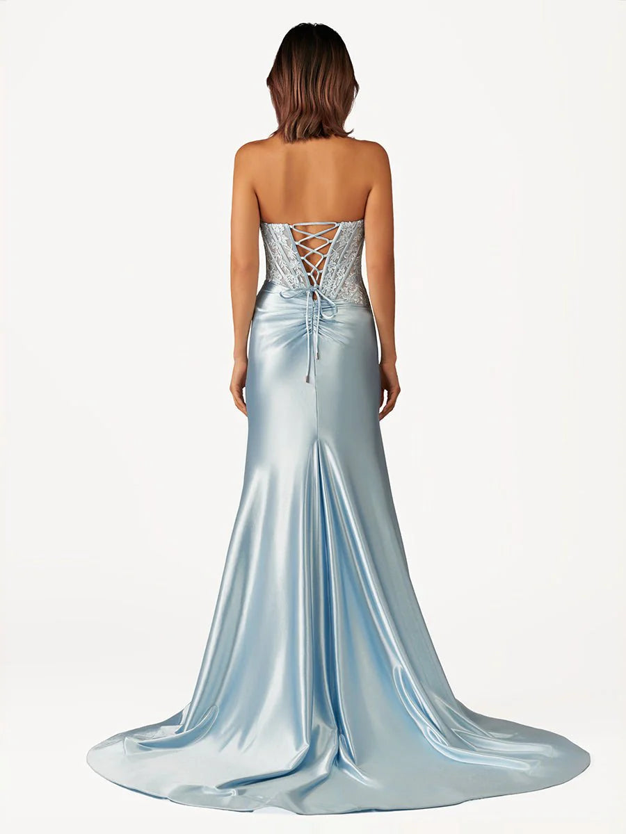 Mermaid Strapless Sleeveless Beaded Satin Long Slit Prom Dress