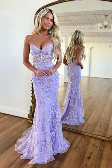 Elegante Vestido de Fiesta Sirena sin Tirantes con Escote Corazón, Espalda con Cordones y Diseño Floral Ajustado