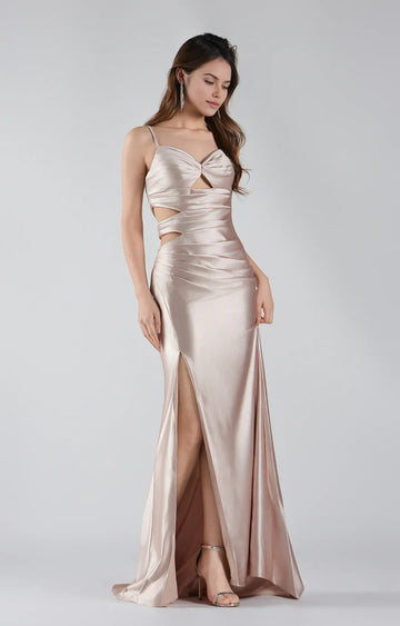 Mermaid Sweetheart Spaghetti Satin Waist Cutout Pleated Floor-length Slit Evening Gown