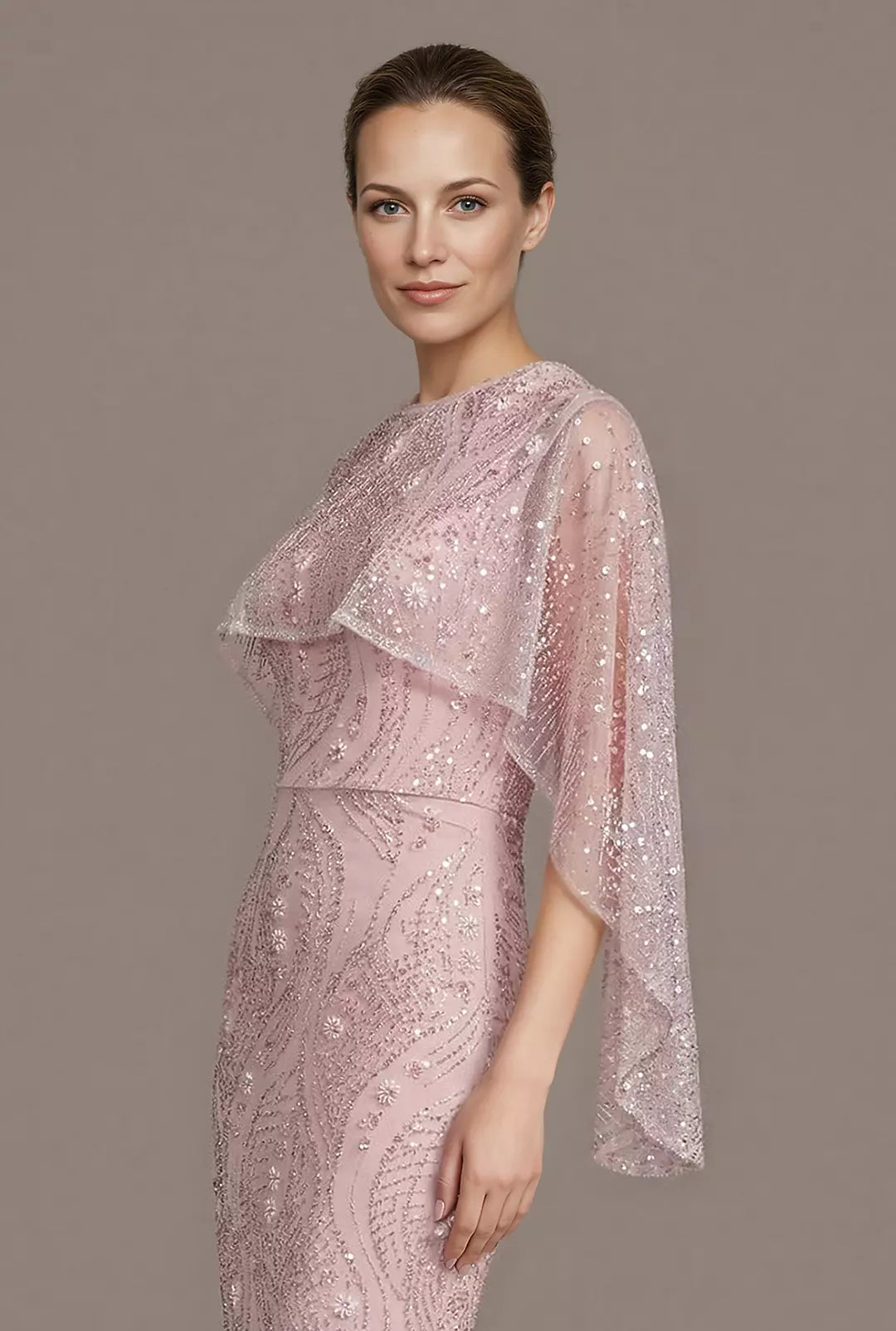 Elegant Mermaid V-Neck Beaded Capelet Formal Gown Sheath Mother of the Bride Dress