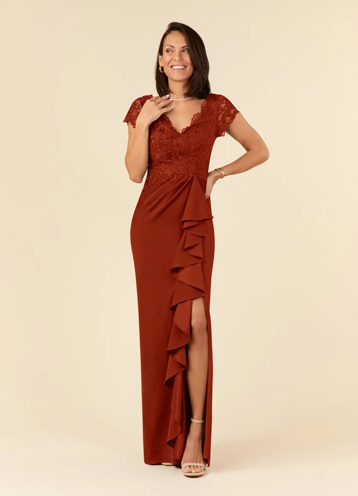 Elegant Mermaid V-Neck Lace Maxi Mother of the Bride Dress with Ruffle Slit