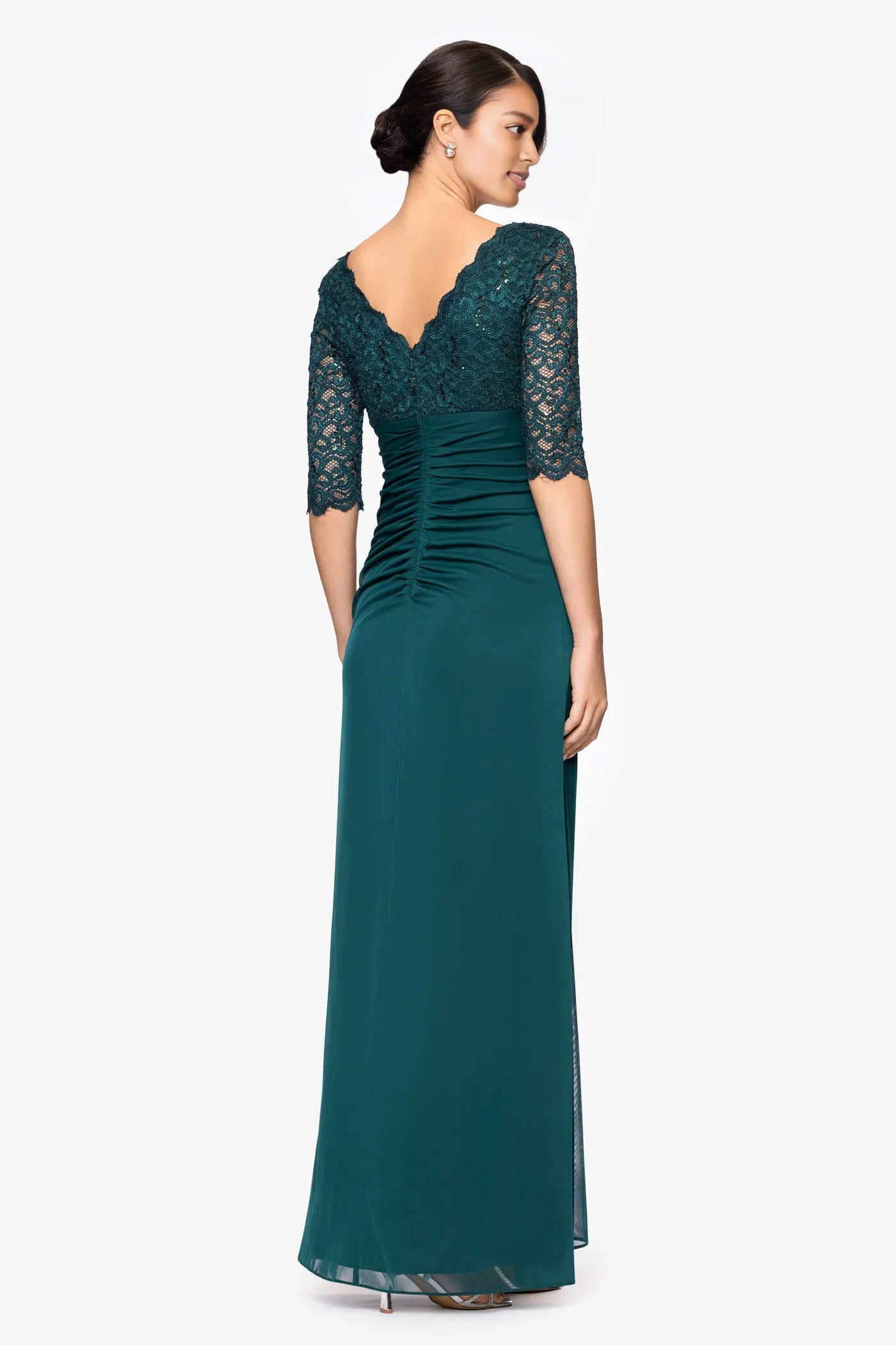 Elegant Bodycon Jersey V-Neck Lace Sleeve Mother of the Bride Dress Ruched Draped Formal Gown