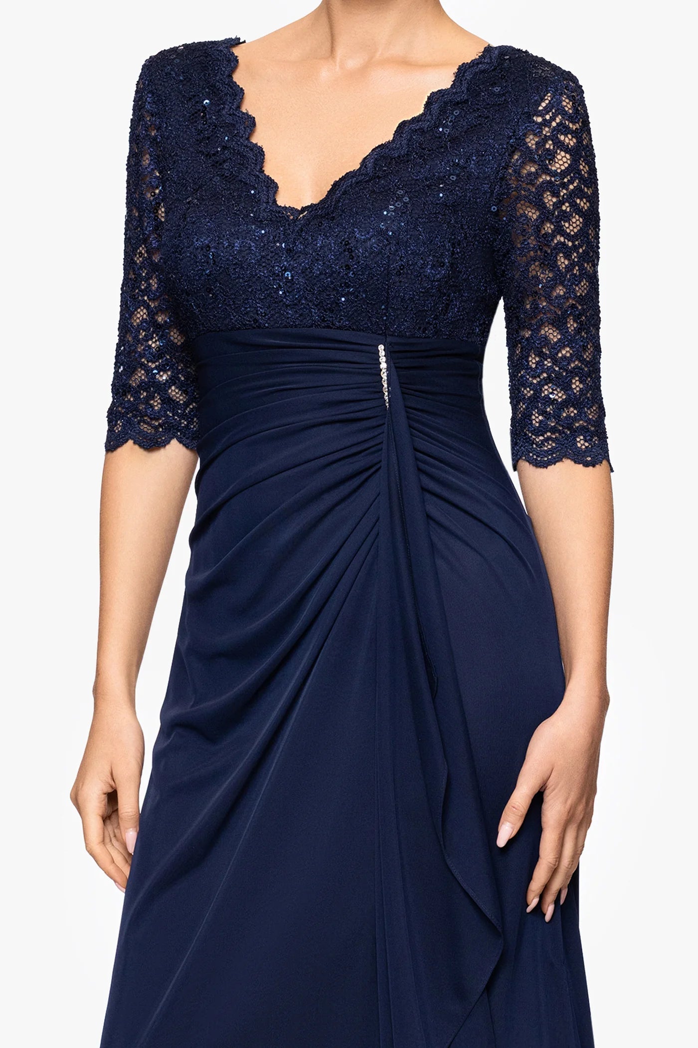 Elegant Bodycon Jersey V-Neck Lace Sleeve Mother of the Bride Dress Ruched Draped Formal Gown