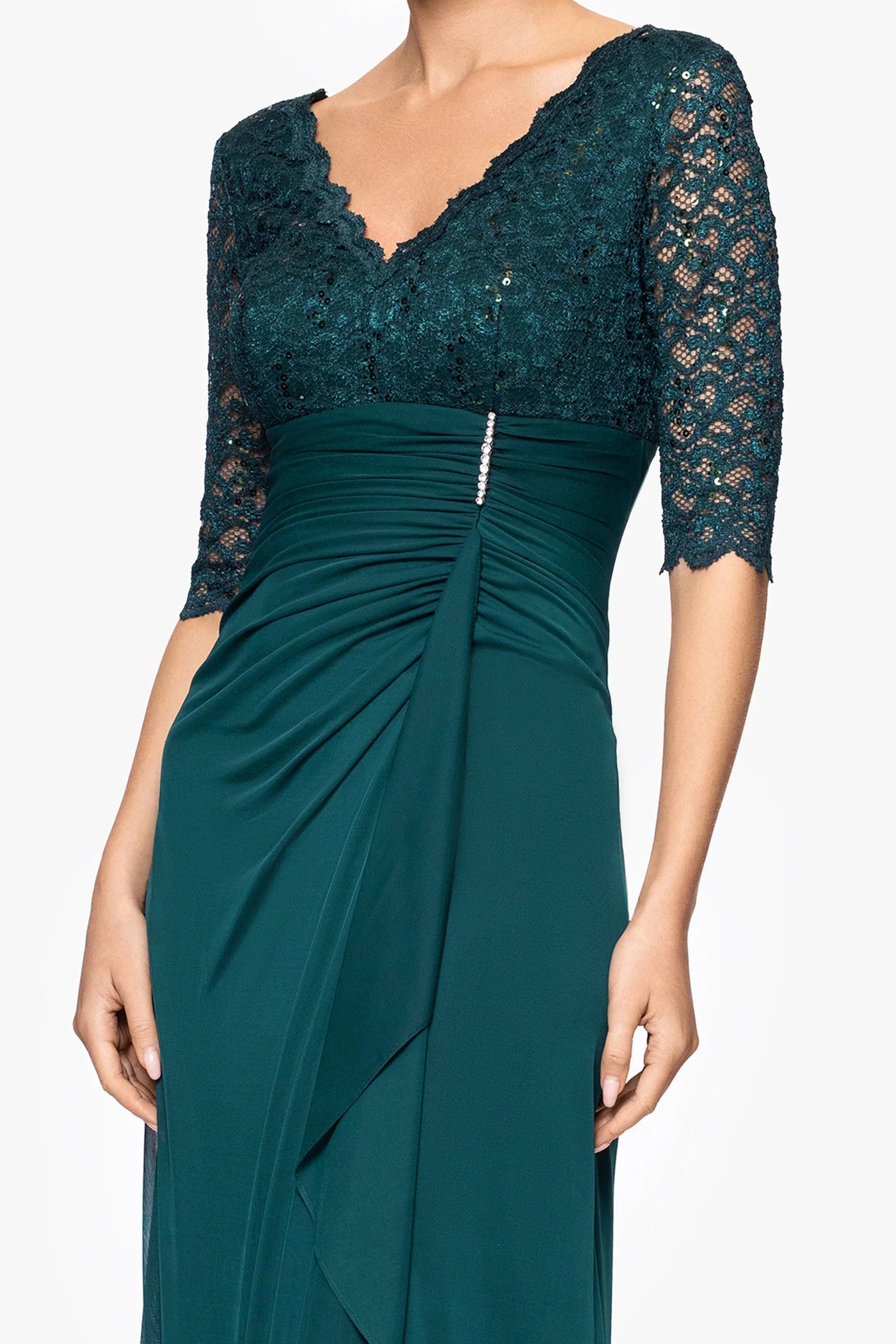 Elegant Bodycon Jersey V-Neck Lace Sleeve Mother of the Bride Dress Ruched Draped Formal Gown
