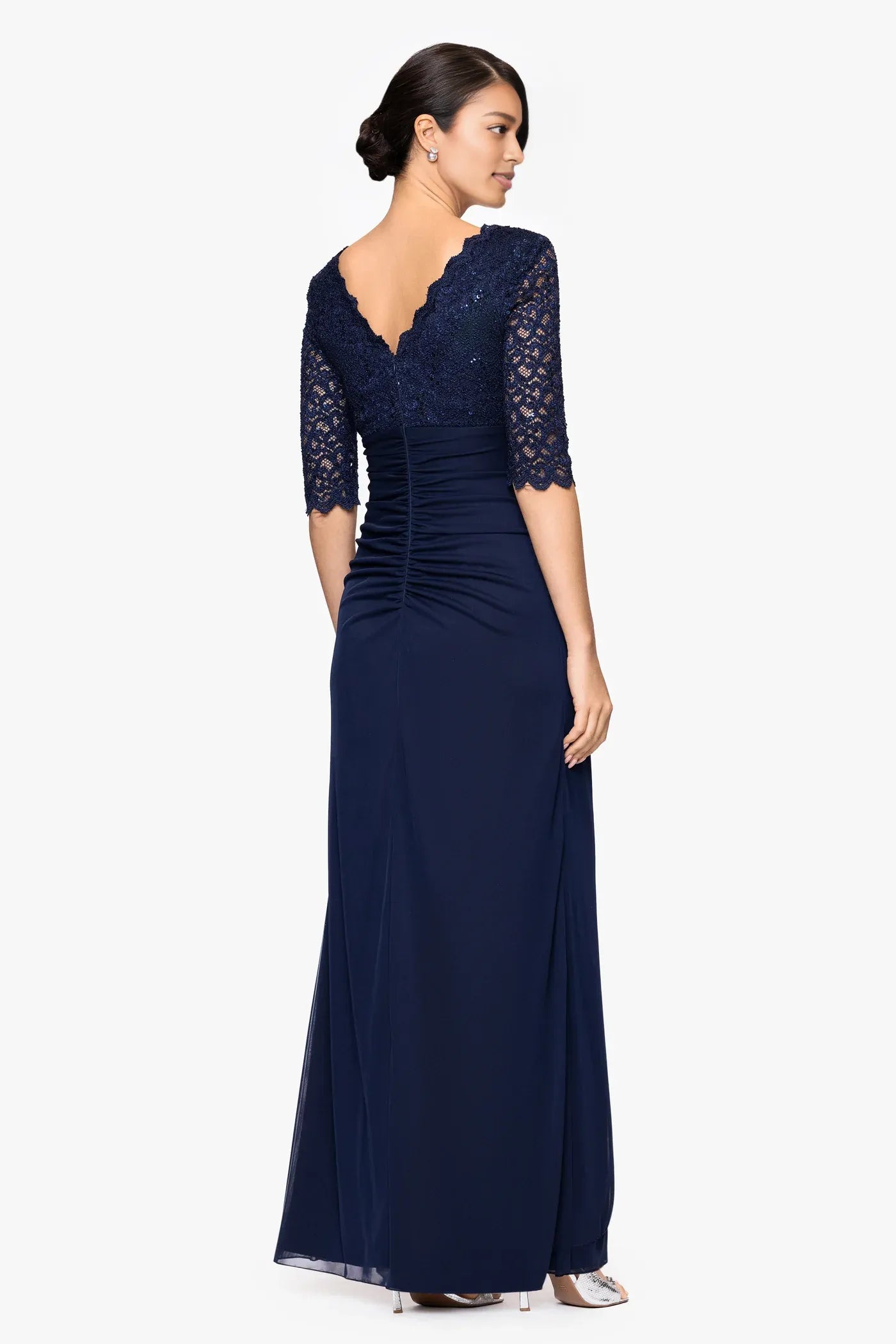 Elegant Bodycon Jersey V-Neck Lace Sleeve Mother of the Bride Dress Ruched Draped Formal Gown