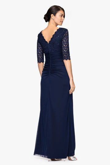 Elegant Bodycon Jersey V-Neck Lace Sleeve Mother of the Bride Dress Ruched Draped Formal Gown
