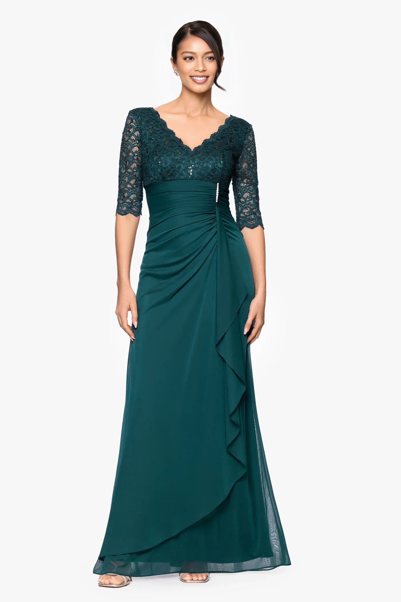 Elegant Bodycon Jersey V-Neck Lace Sleeve Mother of the Bride Dress Ruched Draped Formal Gown
