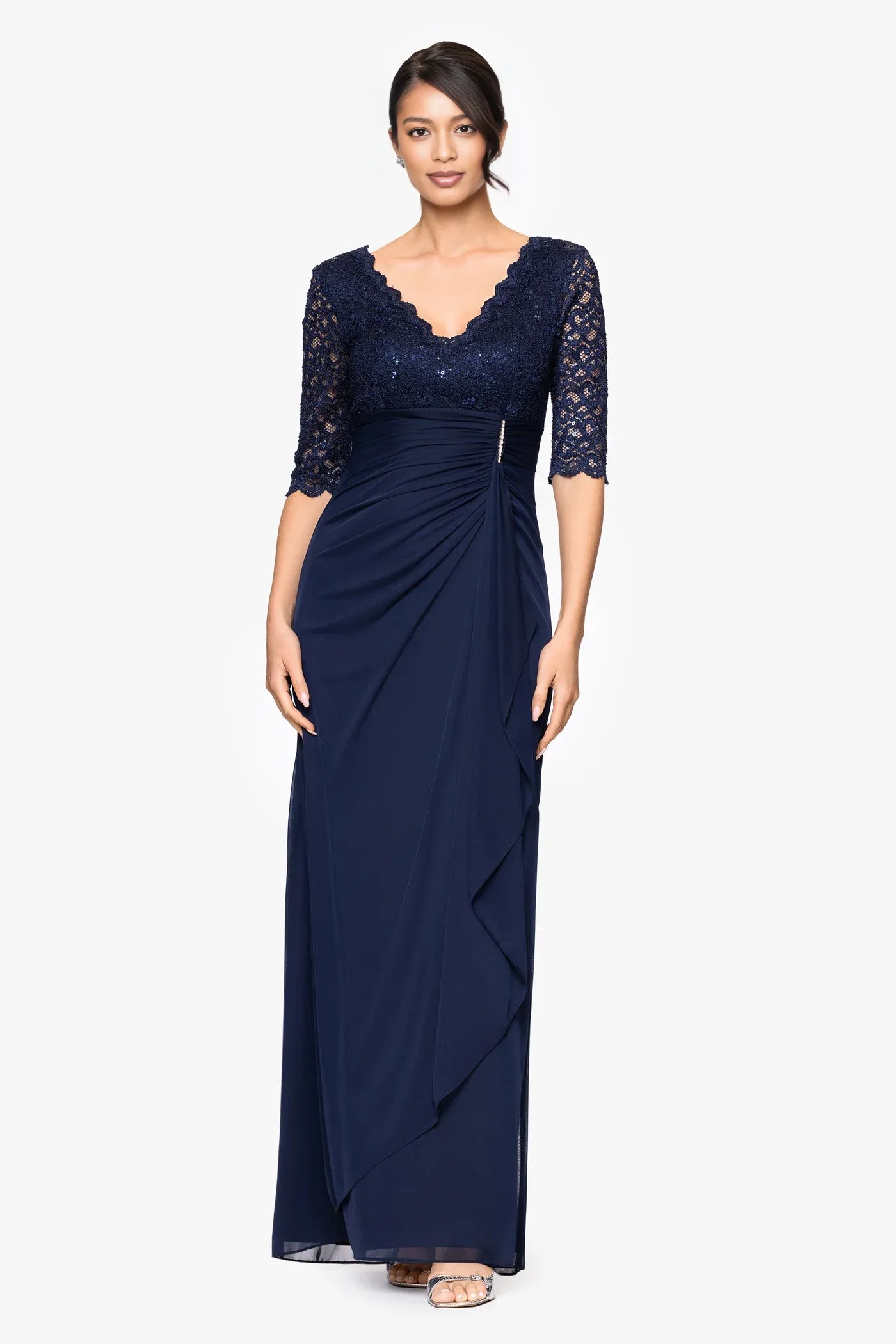 Elegant Bodycon Jersey V-Neck Lace Sleeve Mother of the Bride Dress Ruched Draped Formal Gown