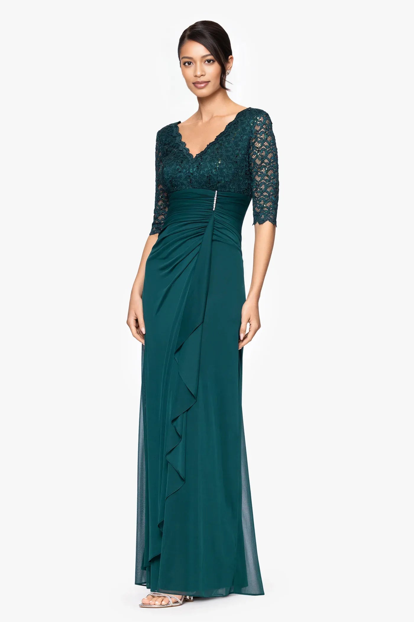 Elegant Bodycon Jersey V-Neck Lace Sleeve Mother of the Bride Dress Ruched Draped Formal Gown