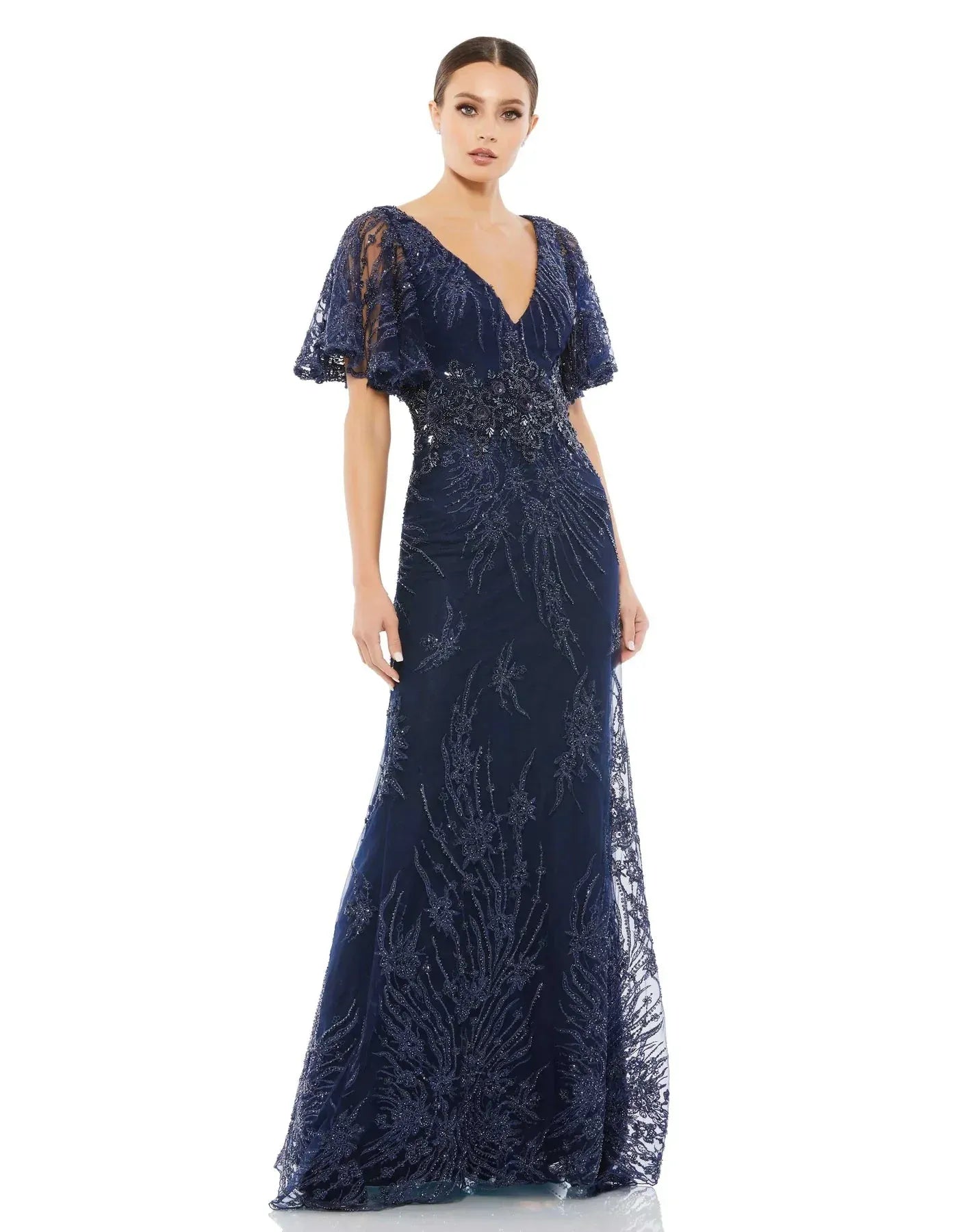 Elegant Mermaid V-Neck Lace Beaded Tulle Maxi Dress Formal Evening Dress