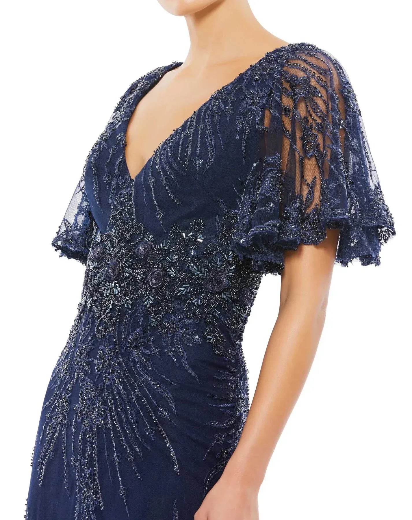 Elegant Mermaid V-Neck Lace Beaded Tulle Maxi Dress Formal Evening Dress