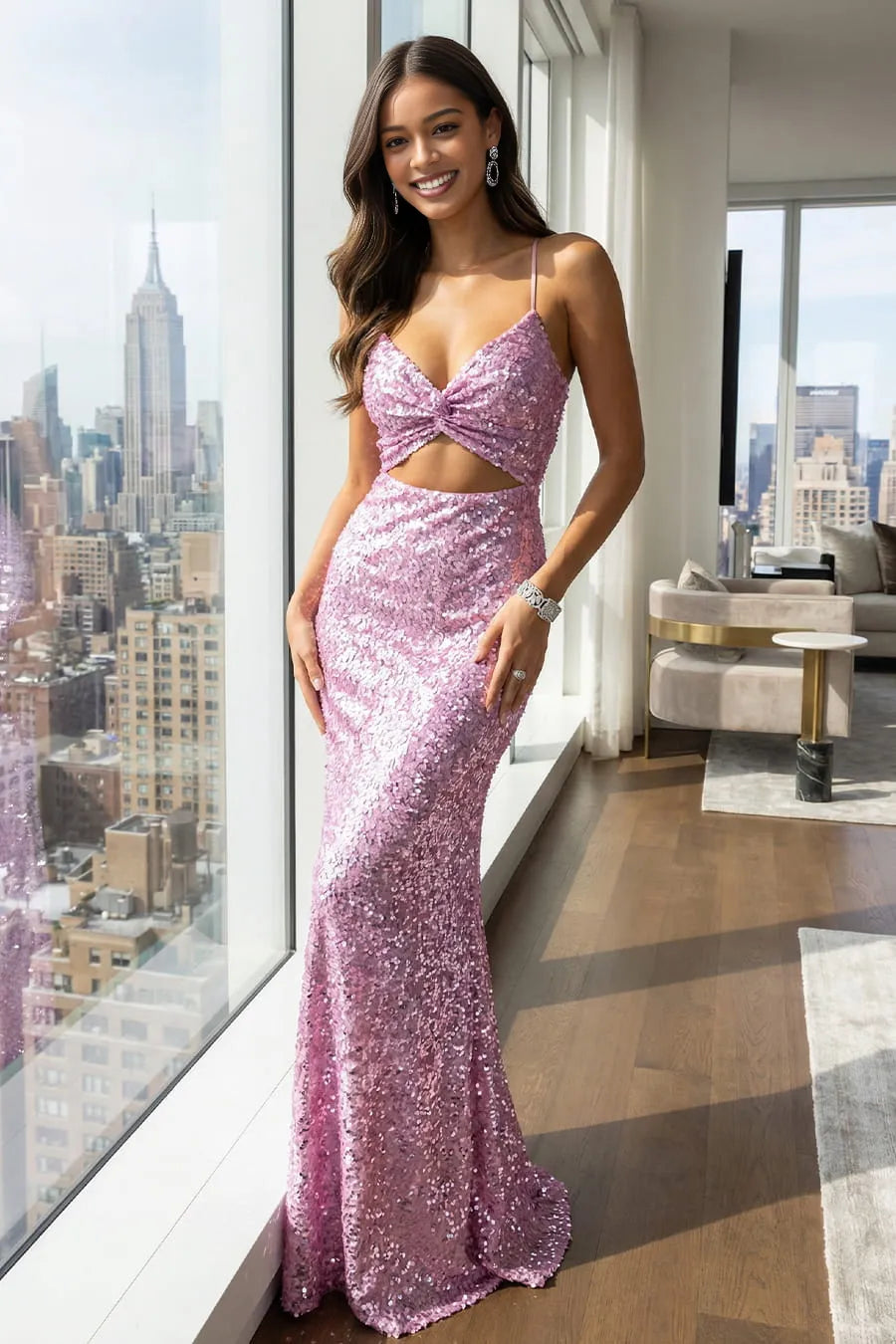 Glamorous Mermaid V-Neck Sequin Floor Length Cutout Waist Maxi Dress