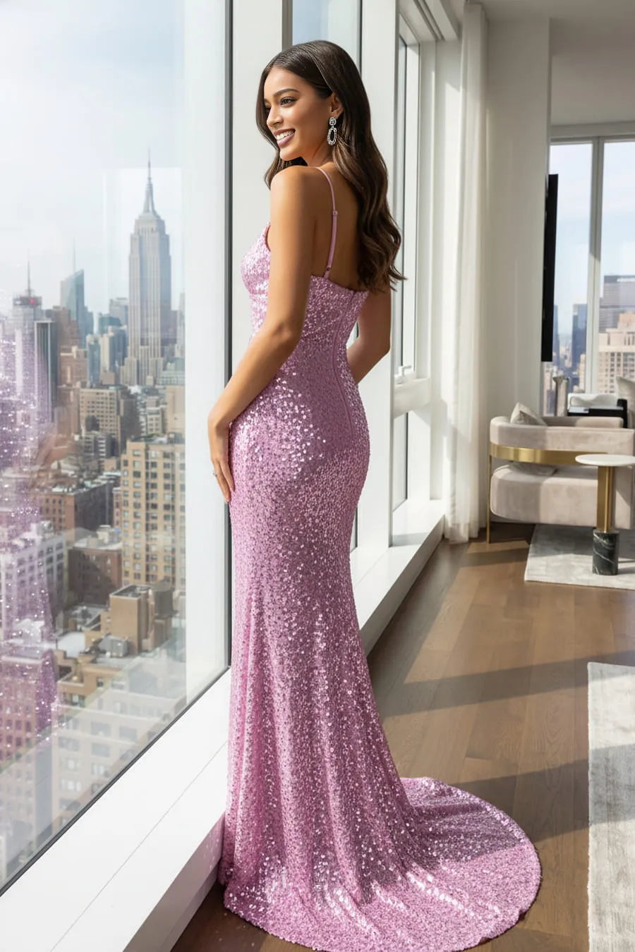 Glamorous Mermaid V-Neck Sequin Floor Length Cutout Waist Maxi Dress