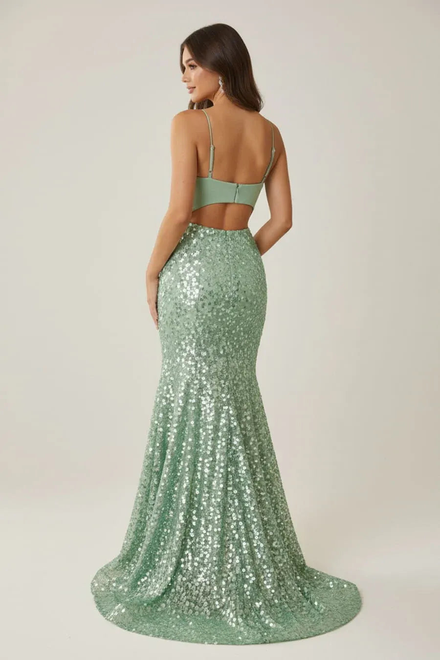 Mermaid V Neck Sequin Maxi with Bold Back Cutout Evening Dress