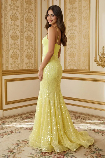 Mermaid V Neck Sequin Maxi with Bold Back Cutout Evening Dress