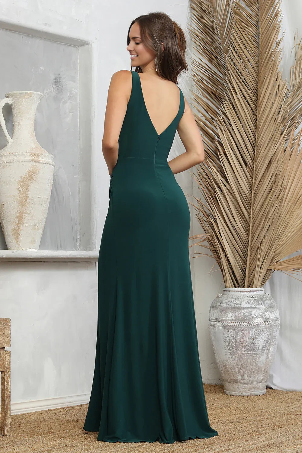 Vestido de fiesta con escote en V, sin mangas, corte sirena, fruncido, con abertura y hasta el suelo