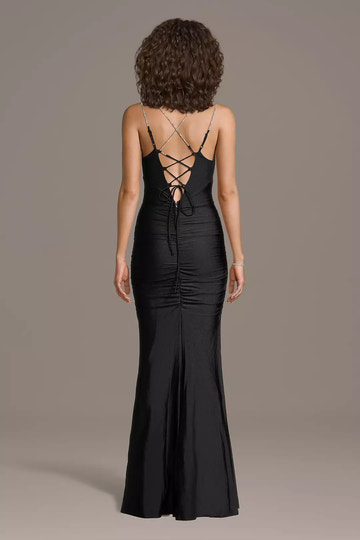 Mermaid V-Neck Sleeveless Satin Long Lace-Up Back Evening Dress