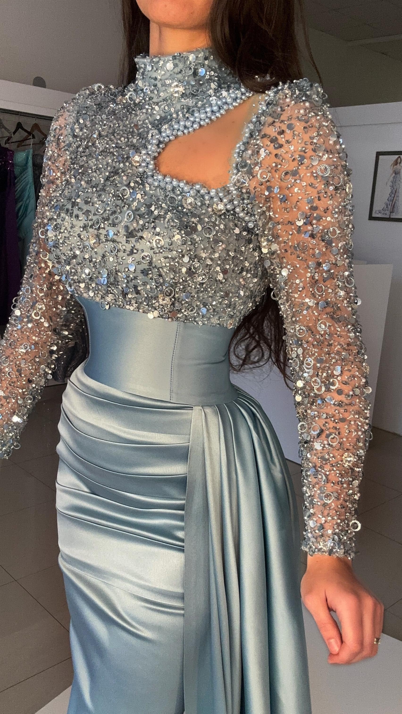 Mermaid Evening Gown Sequin Elegant Dress High Neck Satin Pearls With Sweep / Brush Train