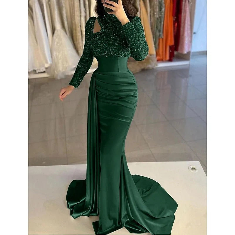Mermaid Evening Gown Sequin Elegant Dress High Neck Satin Pearls With Sweep / Brush Train