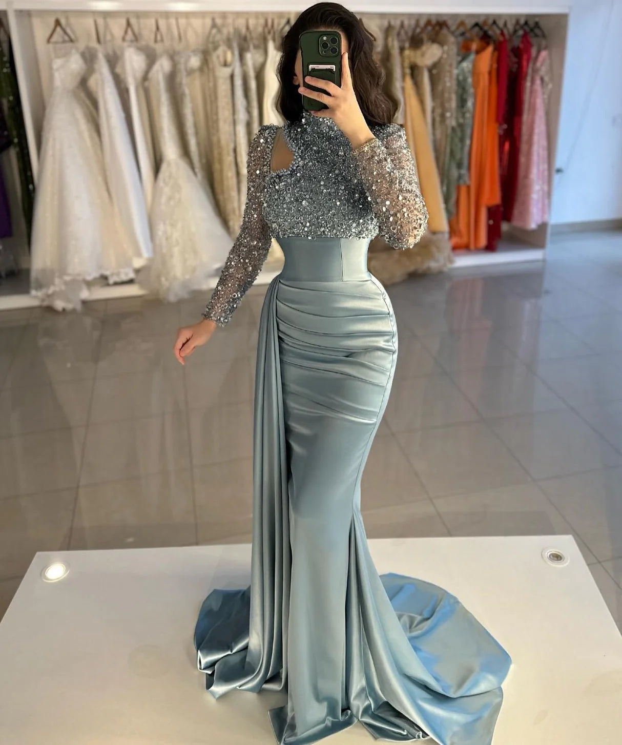 Mermaid Evening Gown Sequin Elegant Dress High Neck Satin Pearls With Sweep / Brush Train
