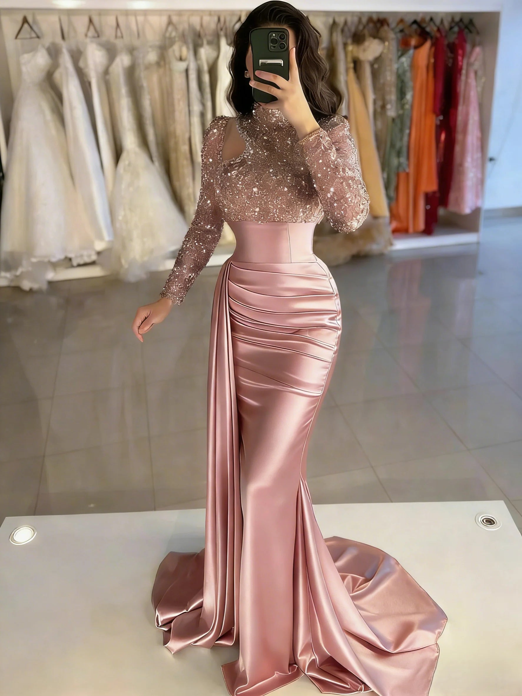 Mermaid Evening Gown Sequin Elegant Dress High Neck Satin Pearls With Sweep / Brush Train