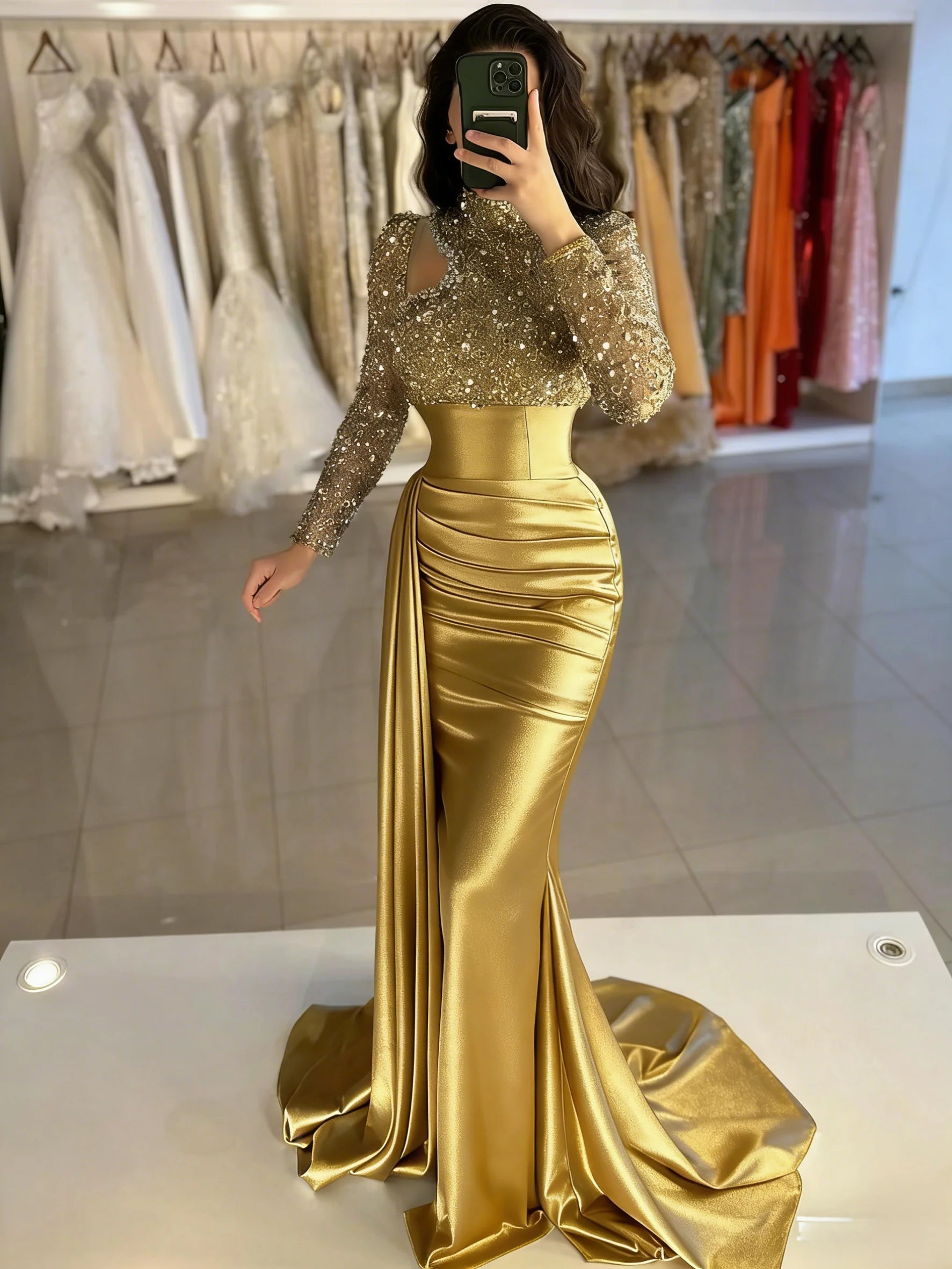 Mermaid Evening Gown Sequin Elegant Dress High Neck Satin Pearls With Sweep / Brush Train