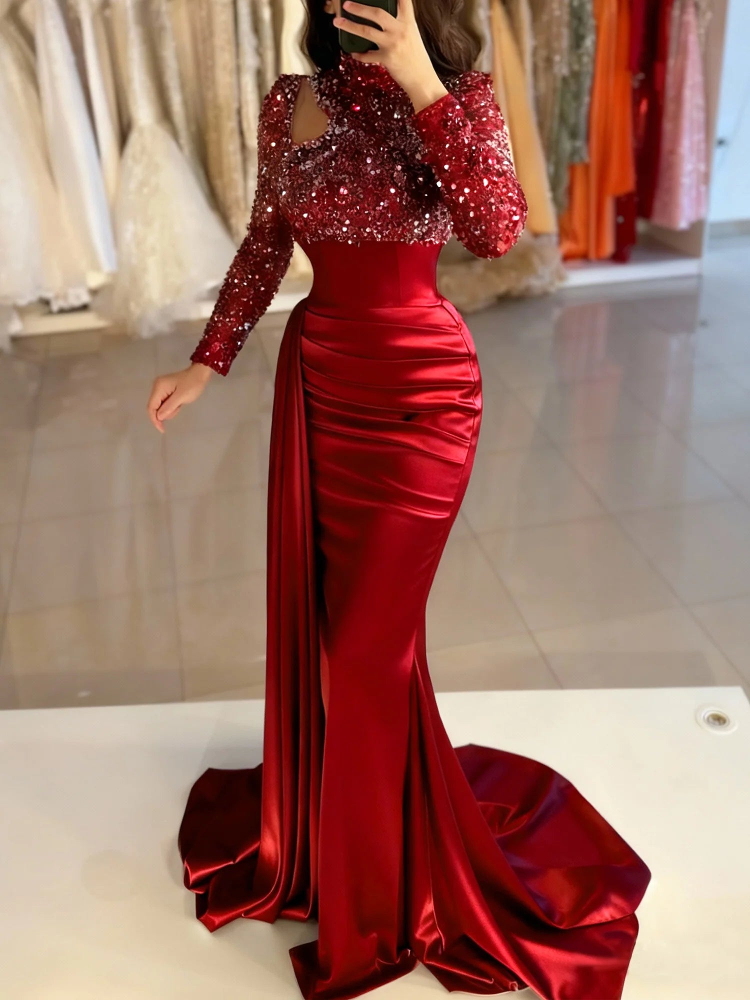 Mermaid Evening Gown Sequin Elegant Dress High Neck Satin Pearls With Sweep / Brush Train