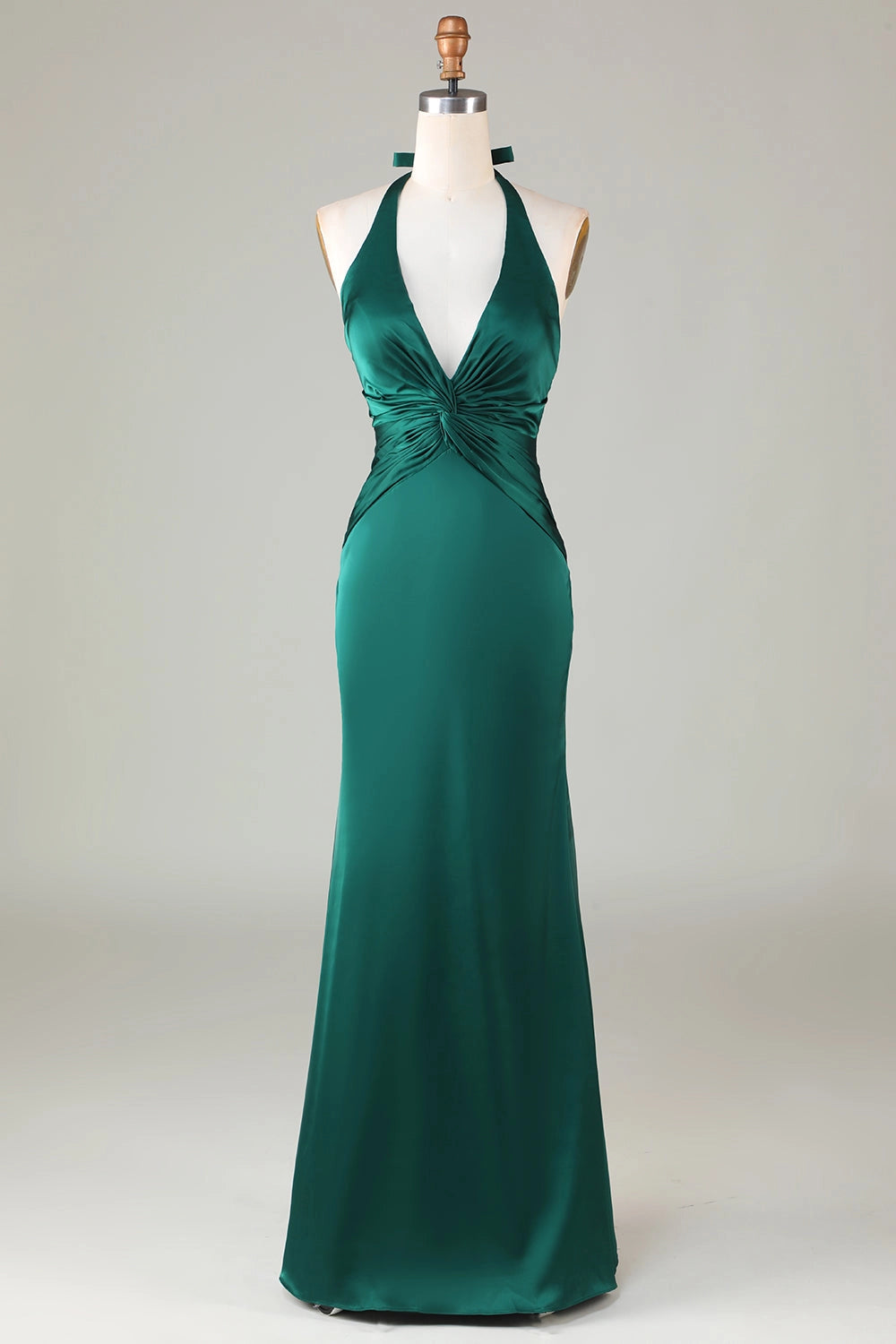 Mermaid Halter V-Neck Tie Back Satin Long Wedding Guest Dress