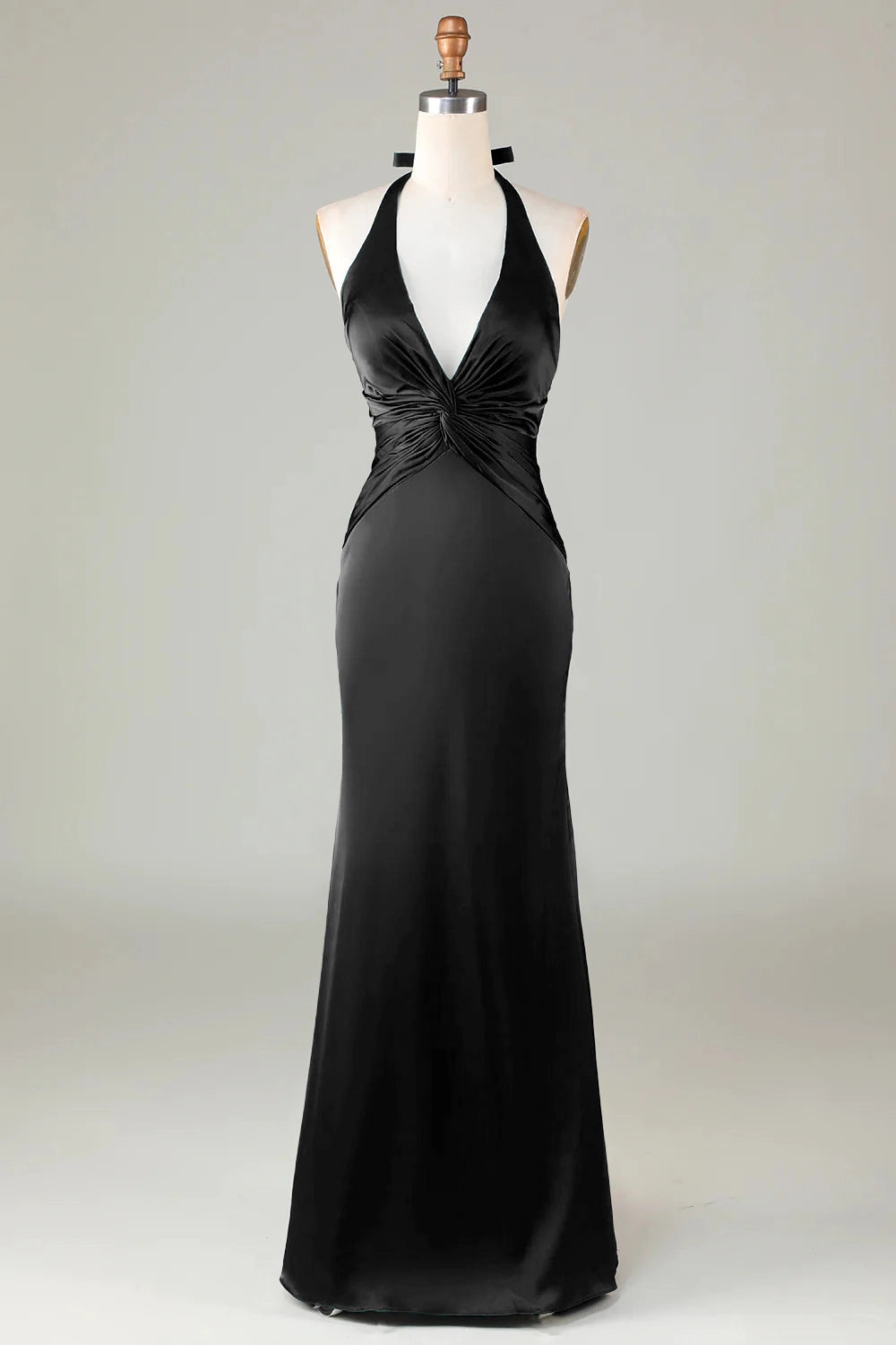 Mermaid Halter V-Neck Tie Back Satin Long Wedding Guest Dress