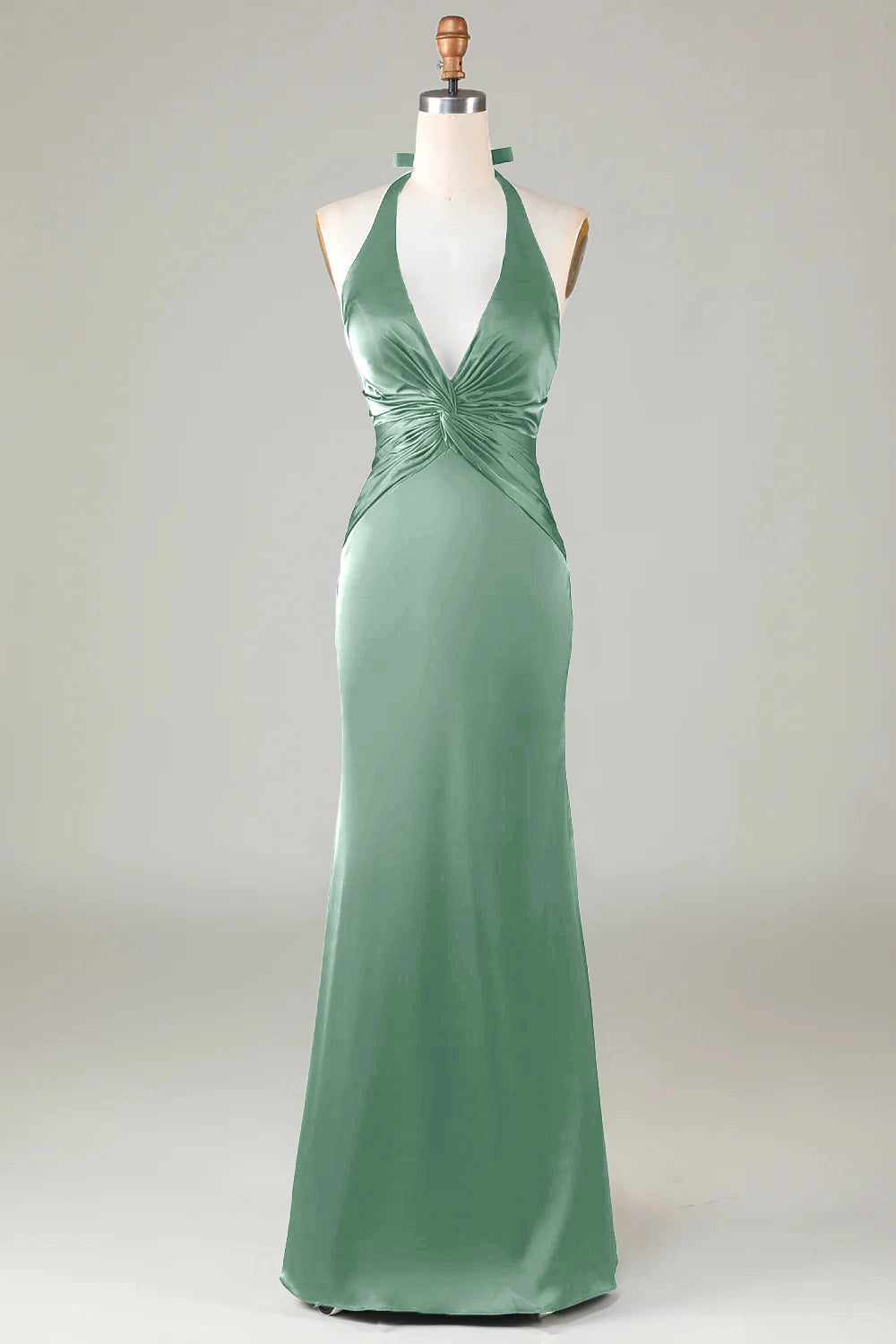 Mermaid Halter V-Neck Tie Back Satin Long Wedding Guest Dress