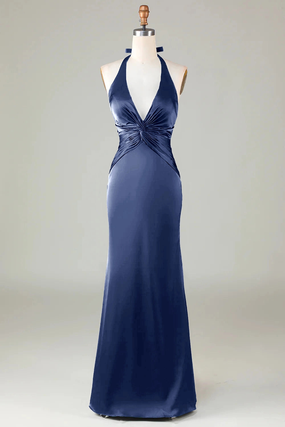 Mermaid Halter V-Neck Tie Back Satin Long Wedding Guest Dress