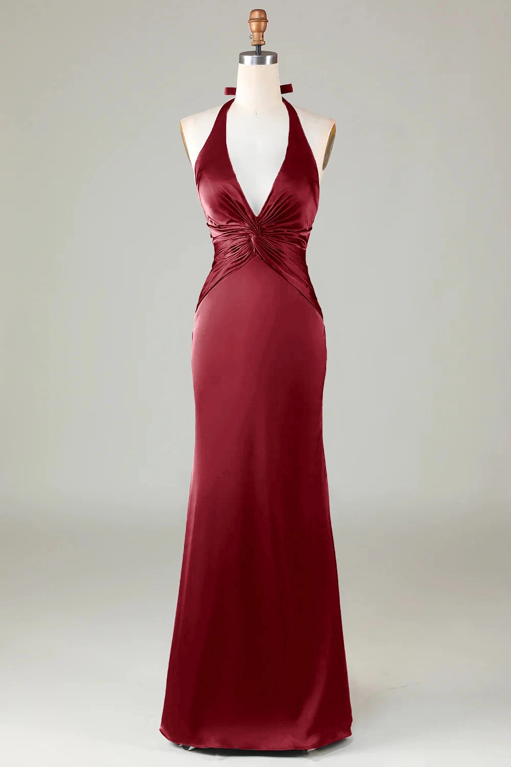Mermaid Halter V-Neck Tie Back Satin Long Wedding Guest Dress