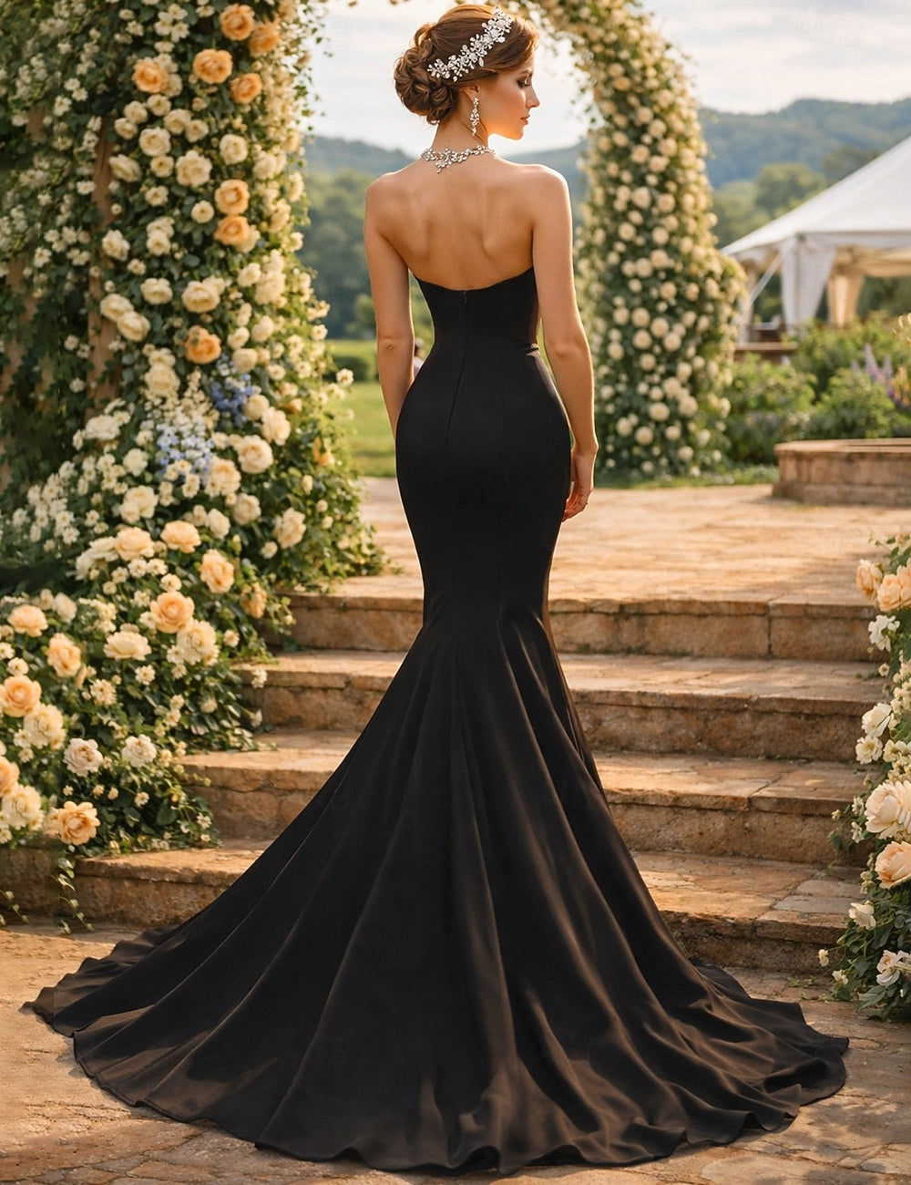 Vedress strapless mermaid formal dress zipper back design black sweep train rear view