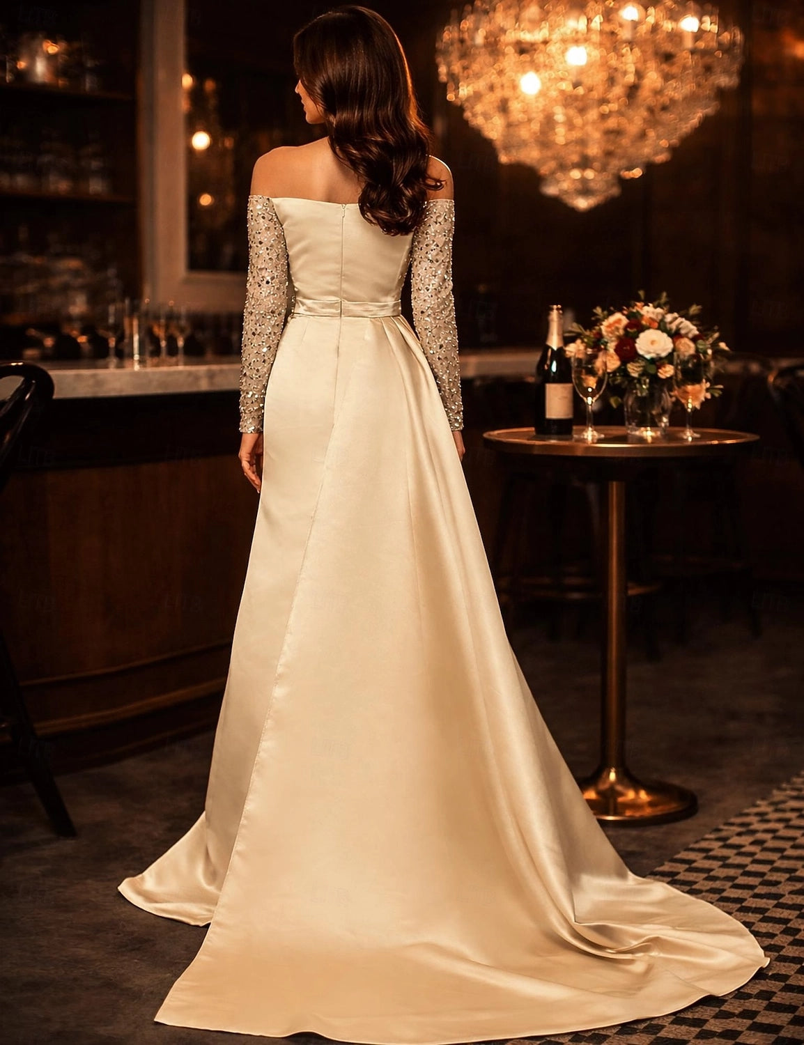 Vedress beaded sleeve formal gown zipper back champagne long train dress rear view