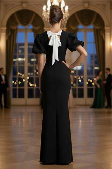 Vedress black formal dress back view with white bow cutout mermaid gown