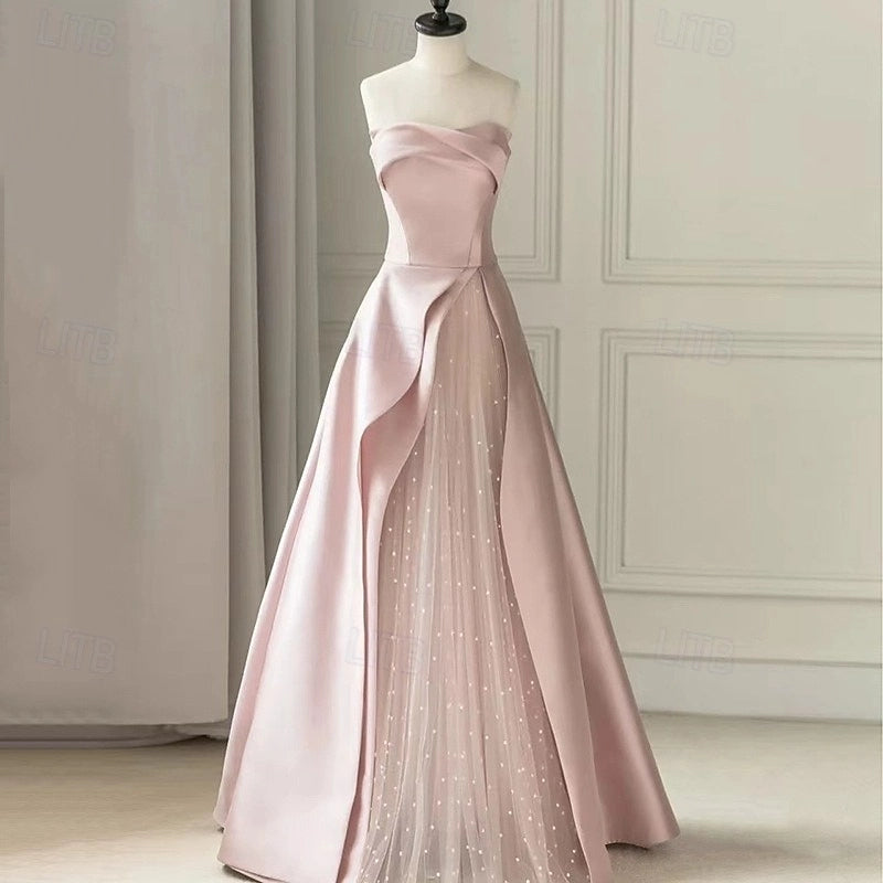 Luxury A-Line Strapless Zip Back Train Satin Prom Dress