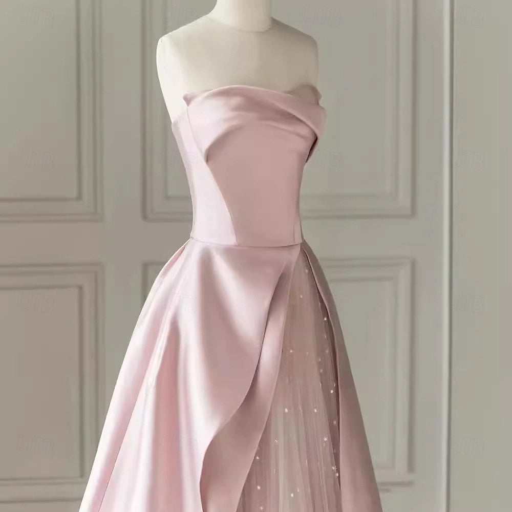 Luxury A-Line Strapless Zip Back Train Satin Prom Dress
